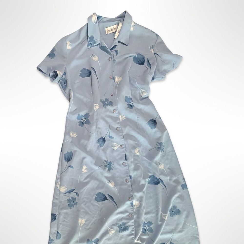 VTG 90s Button Collared Short Sleeve Blue Floral Maxi Dress, 12, Y2K Cottagecore - Picture 3 of 5